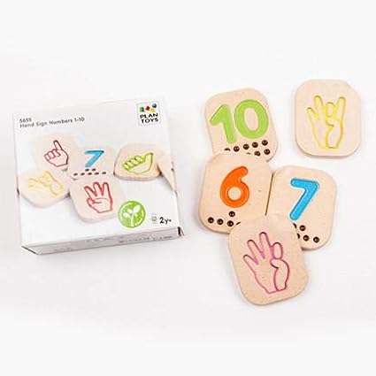 PlanToys® Hand Sign Numbers 1–10 Wooden Montessori Counting Toy | Early Math, Sensory Learning and Tactile Number Recognition Activity | Eco Friendly Sign Language Tiles for Meaningful Play