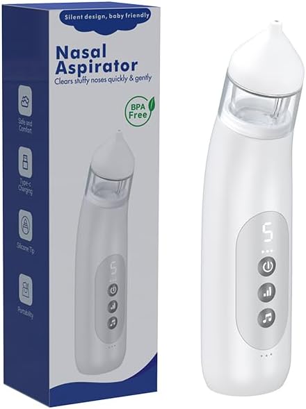 Smart Baby Nasal Aspirator, Household Electric Nose Sucker with 5-Level Suction, Soothing Lullabies, 2 Silicone Tips, USB-C Charge, Storage Case | Baby Nose Aspirator Gift (Silver)