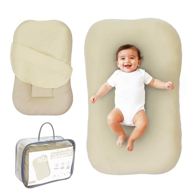 Aila + Aiden Baby Lounger | Organic Cotton Infant Lounger | Adjustable & Portable Floor Lounger |Supervised Use | Soft, Breathable, Washable Cover - Snuggle Collection - (Tan)