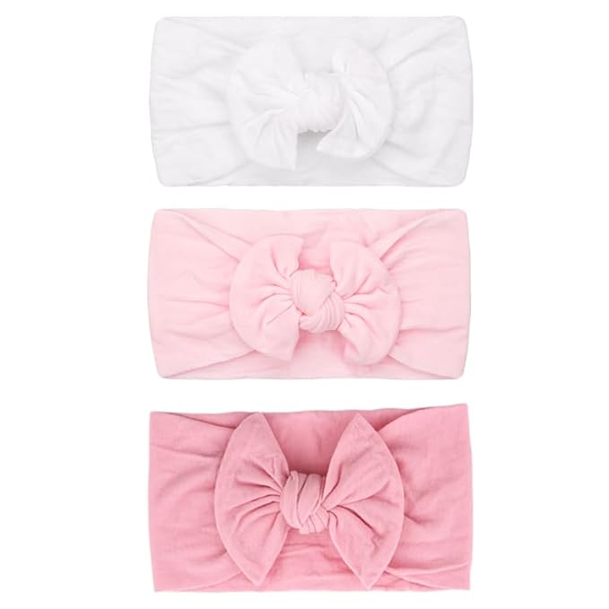 JOYOYO 3 Colors Soft Wide Turban Baby Headbands with 4.5 inches Hair Bow Headbands for Baby Girls Infants Newborn Hair Accessories Toddlers Kids and Children(White Pink Pink)