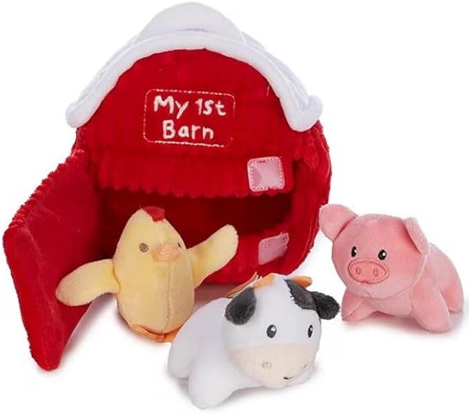 4 Piece Plush My First Barn Play Set with Sensory Toys for Baby, Red Farm Animals, 6 inch, Chicken, Pig, Cow