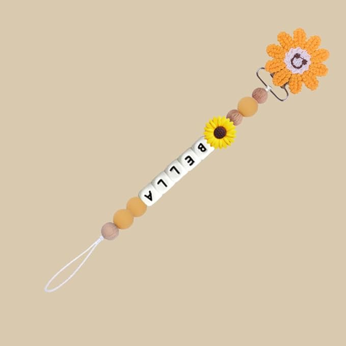 Personalized Pacifier Clip with Name for Baby Boys and Girls, Personalized Name Pacifier Holder (Crochet Flower)