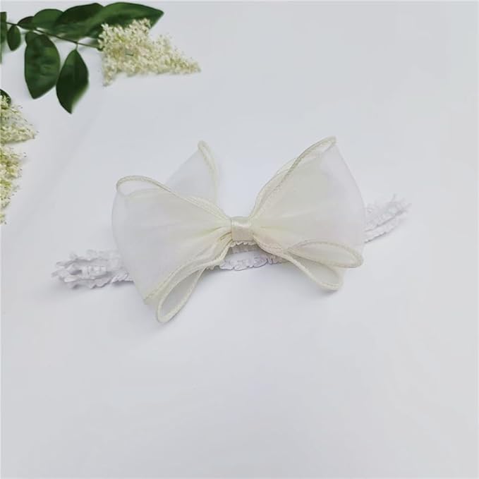 Cute Lace Bow Baby Girls Headbands White Knot Headband Soft Chiffon Hair Band for Newborn Infant Toddler Kids Hair Accessories (Beige A)