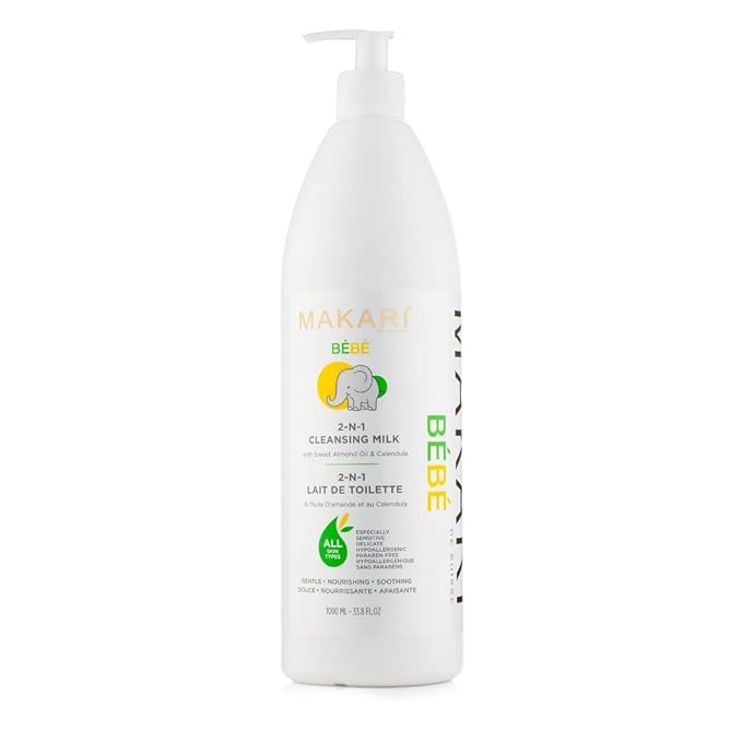MAKARI Baby Care Essentials Bundle: Softness Care Baby Oil (8.4 oz) with Sweet Almond & Chamomile + Bebe Cleansing Milk (1000 ml) - Gentle, Hypoallergenic Skincare for Sensitive Newborns and Infants
