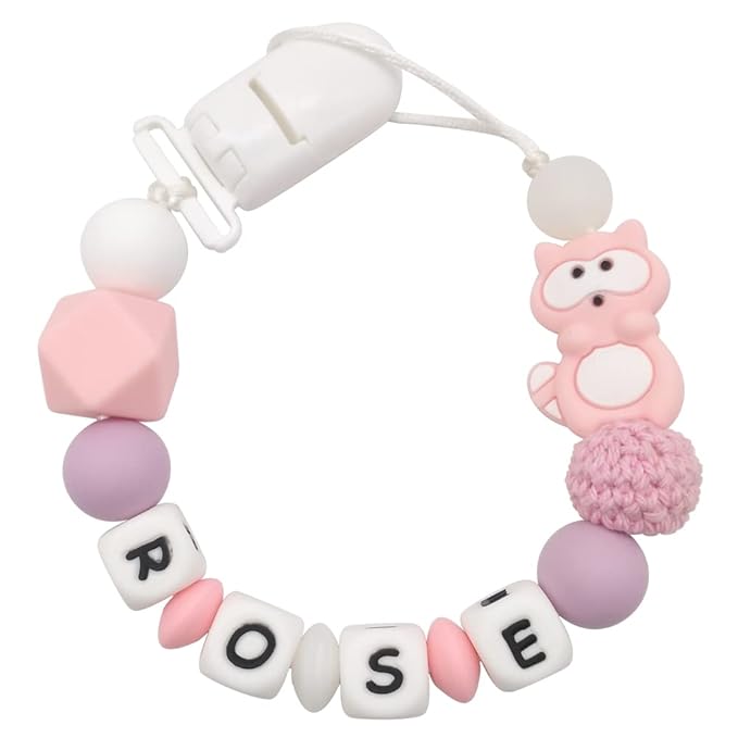 Personalized Pacifier Clip with Name for Boys Girls - Racoon (Pink)