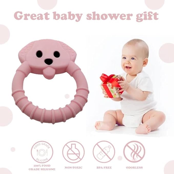 Gadgetime USA Baby Teething Toy Set - Includes Pink Pacifier Clip & Bear Teether - Silicone Chew Toys for Infants Newborns - BPA Free Freezer Safe