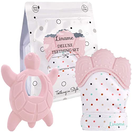 Liname 2 Pack Teething Mitten with Soothing Toy - Baby Chew Toy and Teething Glove- Infant Teething Mitten Crinkle Sound and Textured Silicone to Soothe Sore and Swollen Gums