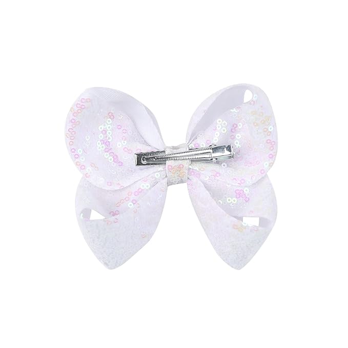 6 Inch White Sparkly Glitter Sequin Hair Bows for Girls Toddlers Kids Children Teenage (2PCS)