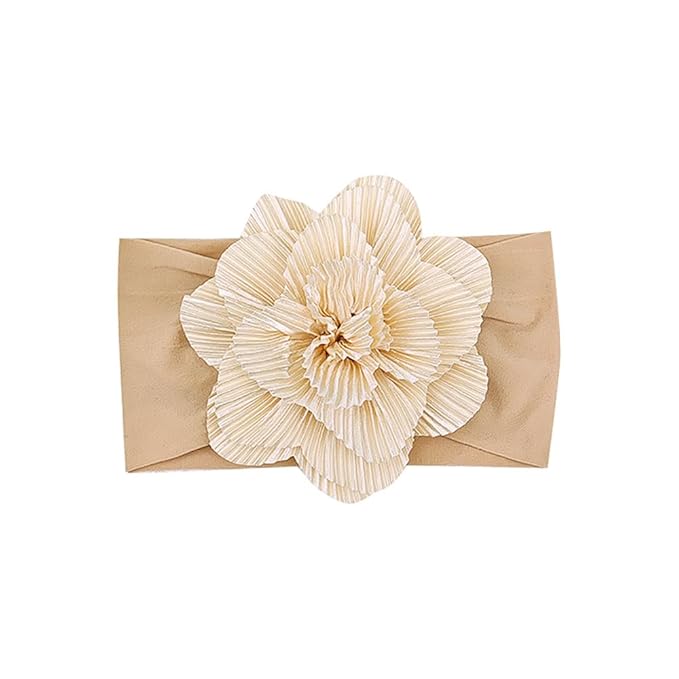 Large Flower Elastic headband for Baby Girl Infant Soft Fabric Chiffon Floral Hairband Toddler Newborn Christening Baptism Hair Accessories (Flower 1 - khaki, Elastic)