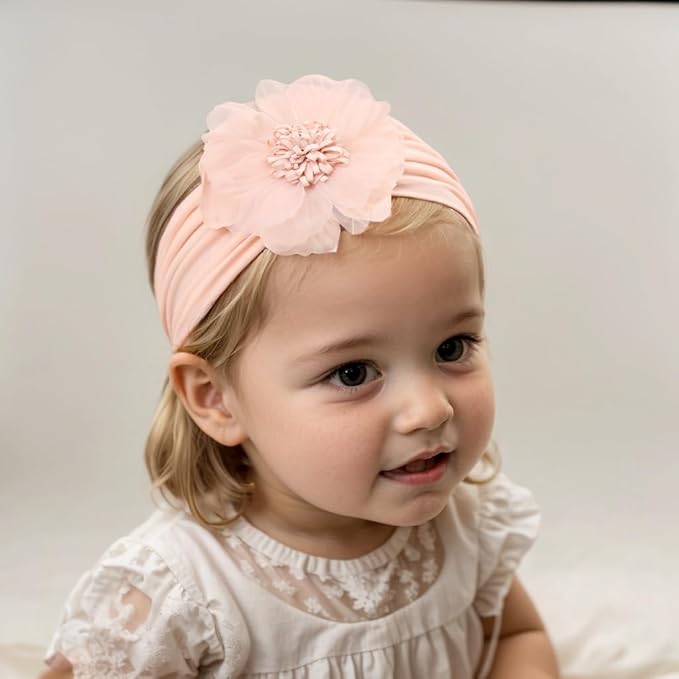 Large Flower Elastic headband for Baby Girl Infant Soft Fabric Chiffon Floral Hairband Toddler Newborn Christening Baptism Hair Accessories (Flower 2 - Pink, Elastic)