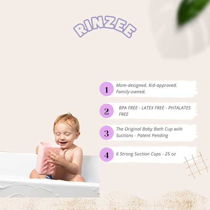 Rinzee® Baby Bath Cup with Suctions - BPA Free, 100% Food Grade Silicone Rinse Cup, Clutter-Free Tub Area, Kids Learning Tool, Sticks to Tiles, Drains Water Upside Down- patent pending