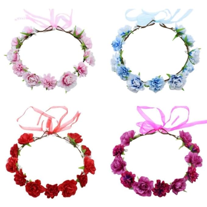 AKOAK 1 Pack Flower Crown, Bohemian Wreath for Girls Floral Tiara, Wedding Headband, Bride Bohemian Wreath/Baby Shower/Photo/Toddler (Rose Red)