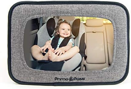 Primo Passi Baby Car Mirror for Rear Facing Infant Car Seat – Backseat Safety Mirror with Wide Crystal Clear View, Shatterproof Acrylic, Adjustable Headrest Mount (Black Melange)