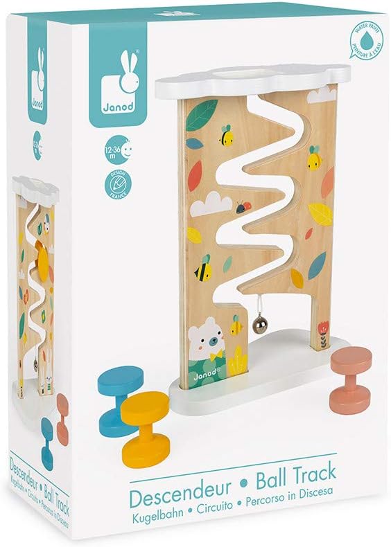 Janod Pure 4 pc Wooden Pastel Bee & Bear Ball Track with Cherry Wood Rollers & Bell Ages 12+ Months, one Color (J05153)