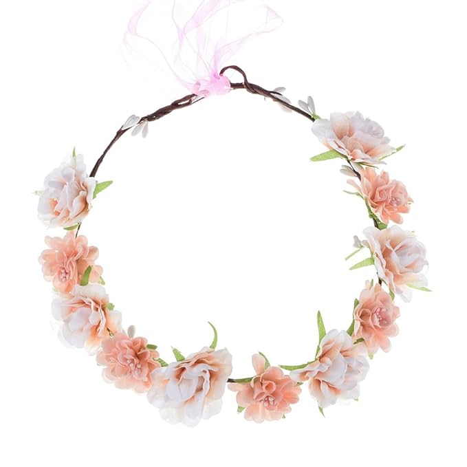 AKOAK 1 Pack Flower Crown, Bohemian Wreath for Girls Floral Tiara, Wedding Headband, Bride Bohemian Wreath/Baby Shower/Photo/Toddler (Flesh Pink)
