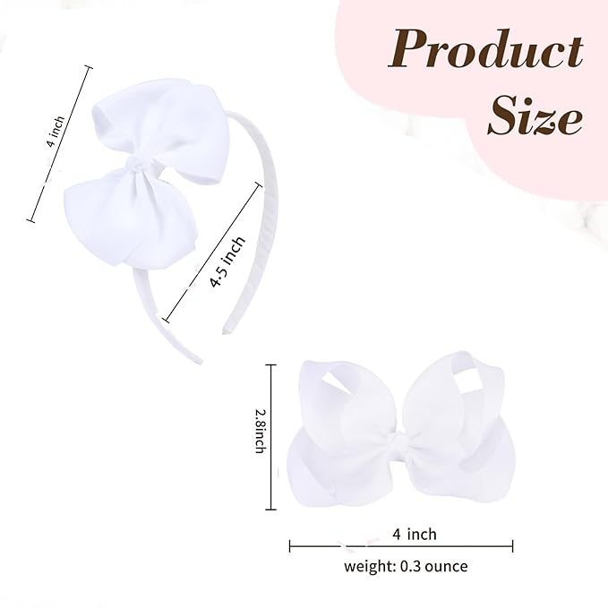 Bow Headband & 2 Pcs 4 Inch Hair Bows Set, Black School Hair Accessories for Little Toddler School Girls (White)