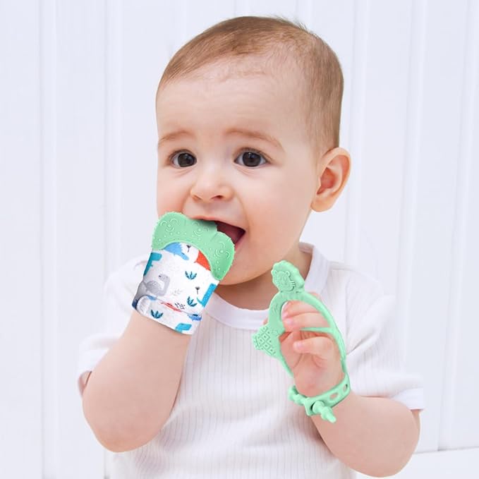 Vicloon Silicone Teething Mitt, 2Pcs Mitten With Adjustable Strap, Crinkle Sound and Textured, Self-Soothing Chew Toys for 0-6 Month Infants