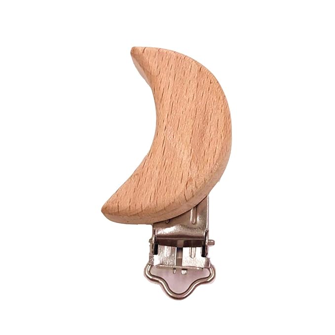 5pcs Natural Wood Suspender Pacifier Clips Cute Beech Wooden Animal Moon Shape Clips Charm DIY Beading Pacifier Chain Accessory
