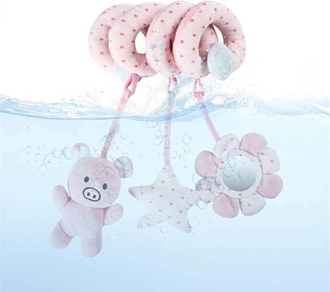 Baby Car Seat Toys, Infant Activity Spiral Plush Toys Hanging Stroller Toys for Baby Girl and Boy with Distorting Mirror (Pink Pig)