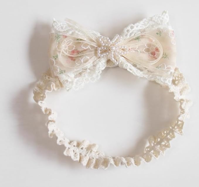 Baby Girls Hairband White Bow Lace Headbands Handmade Soft Stretchy Bowknot Hairbands Newborn Headband with Bows Pearls Elastic Head Band for Newborn Infant(Flower Embroidered Pearl Bow)