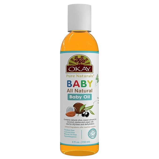 OKAY Pure Naturals Baby Oil with Olive, Sweet Almond, Coconut, Jojoba & Argan Oils – Natural Baby Massage Oil for Dry & Sensitive Skin – Hypoallergenic, Paraben & Mineral Oil Free – 4 oz