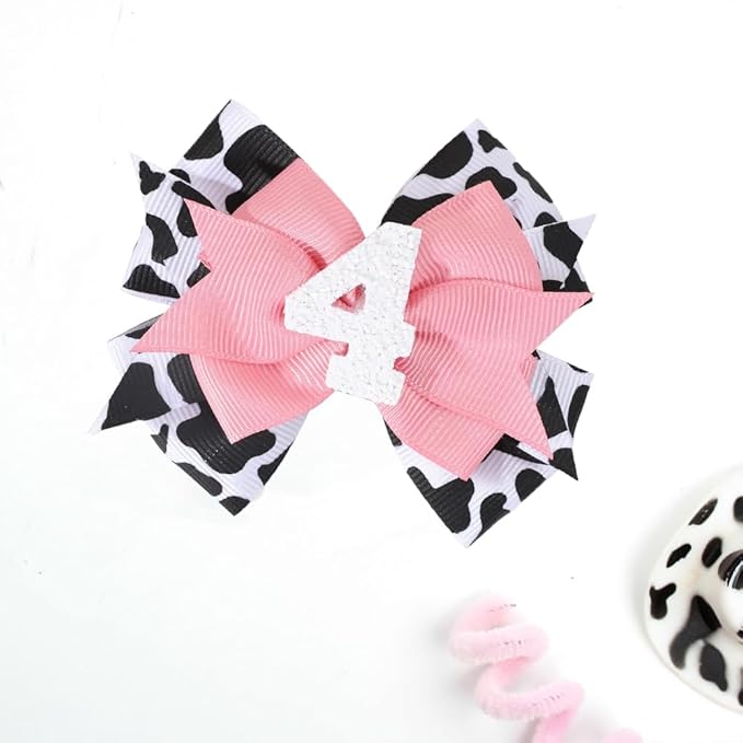 Birthday Hair Clips for Baby Girls - 2Pc Cow Print Bow with White Number Hair Clips for 4th Birthday Baby Bow Party Decorations for Girls Toddlers Hair Accessories (Cow Print -4 Years)