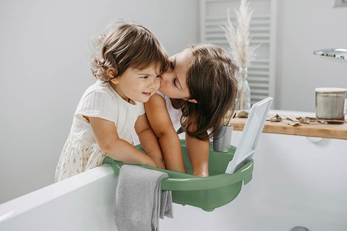 Rotho Babydesign Kiddy Wash Children's washbasin, to be Attached to The Bathtub Rim, 38.7x38.2x10 cm (Pack of 1), Slate Green/White/Stone Grey, 20034 0313 01