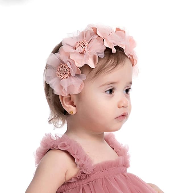 Bethynas Baby Girls Flower Cluster Headband Soft Lace Cloth Floral Head Wear for Wedding Party Cute Flower Hair Band for Toddlers Flower Girls (Pink)