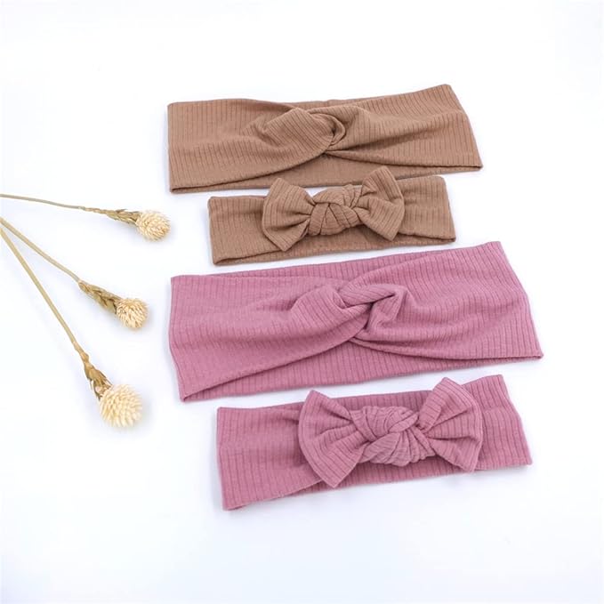 Sugarmelon Mommy and Me Headband Set Mother Baby Matching Turban Headbands for Toddler Baby Girls Women Scrunchies Hair Bow Hairbands (Mauve and Latte)