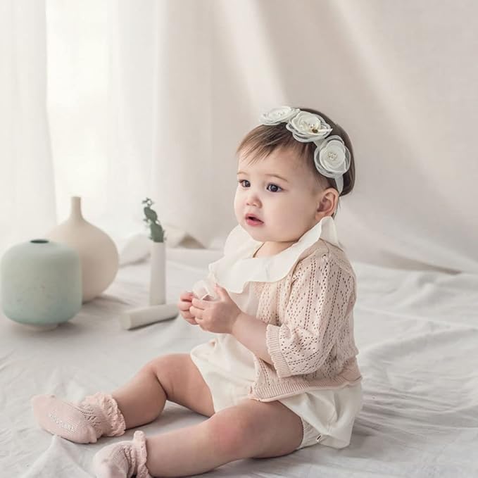 Baby Girl Headband White Lace Hairband Elastics Flower Head Wrap Hair Accessories Gift for Newborn Infant Toddlers Kids Baptism Shower Gift Birthday Wedding Party (Style 7)
