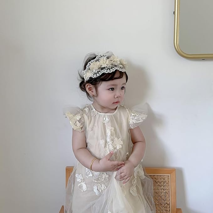 Baby Girls Headband Lacy Bow Pearl Wide Hair Band Turban for Infants Newborn Toddler Floral Ivory Elastic Head Wrap Breathable Sun Bonnet Hair Accessories (Ivory E)