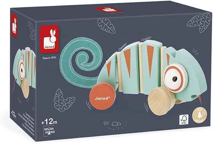 Janod - Tropik Pull-Along Chameleon - Wooden Early-Learning Toy - Silent Wheels - Educational Walking and Balancing Toy - Water-Based Paint - 1 Year + J08264