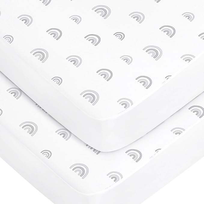 Crib Sheets Boy Girl, 2 Pack Baby Crib Sheets for Standard Crib Mattress & Toddler Bed Mattress, Snug Fit Breathable Soft Fitted Crib Sheet, Gray Rainbow