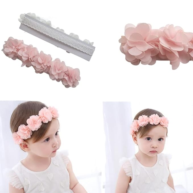 Jilukibo Baby Elastic Lace Bows Flower Headbands, Stretch Gold Princess Floral Hair Band Headwear for Infant Girls Toddler Hair Accessories (2 Pack, White Pink)