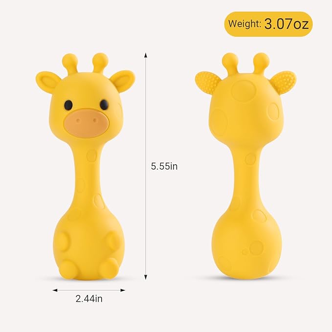 Giraffe Silicone Baby Teether Rattle Toy for 0-6 6-12 Months, BPA-Free Infant Teething Toy with Rattle Sound, Easy-Grip Design for Teething Relief (Mango)