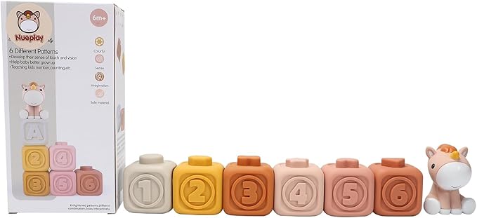 Nueplay 7 Pcs Soft Toy Building Blocks for Baby Girls 6-12 Months, Montessori Early Learning Squeeze Blocks with Unicorn Sensory Stacking Design, Birthday Gift for Toddlers 1-3