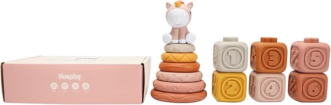 Nueplay Soft Stacking Toys & Jigsaw Puzzles for Baby Girls — 12PCS Cube-Type Puzzles, Sensory Rings & Shape Blocks Set with Unicorn Topper, Montessori Learning Playset for 1 Year Old