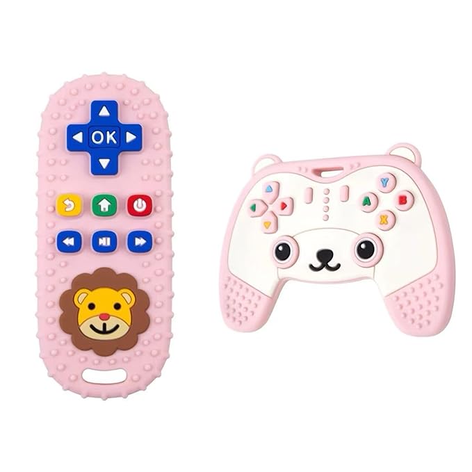 Baby Teething Toy, Soft TV Remote and Game Controller Shape Chew Set, Educational Toy for Intellectual Development, Safe Silicone for Toddler and Infant (Black (Panda Handle + Lion Remote Control))