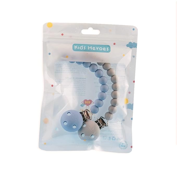 Kids Heroes Silicone Pacifier Holder Clip with One Piece Design for Baby, 2 Pack (Blue and Grey)
