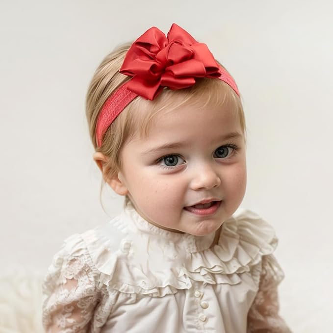 Large Flower Elastic headband for Baby Girl Infant Soft Fabric Chiffon Floral Hairband Toddler Newborn Christening Baptism Hair Accessories (Flower 6 - Red, Elastic)