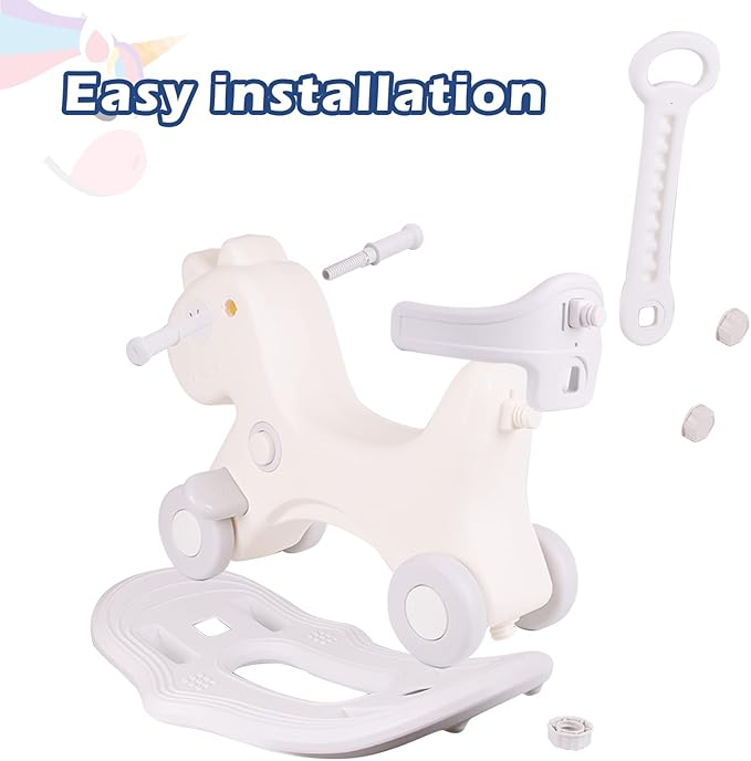 4 in 1 Rocking Horse for Toddlers 1-3 Years Old, Baby Rocking Toy Fun Birthday Gift for 1+ Kids, Ride on Toy with Detachable Balance Board and Footrest, Balance Bike with Push Handle, White