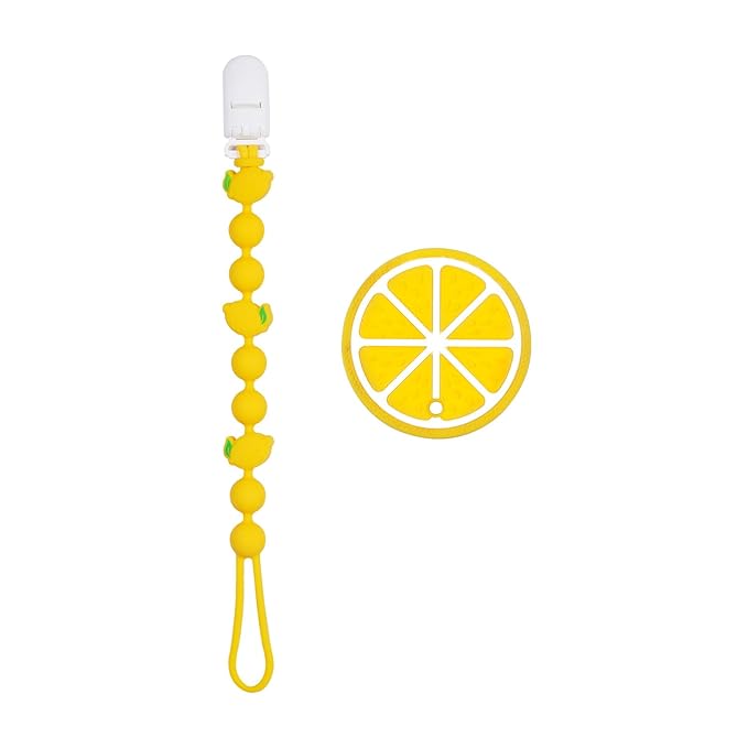 Cute Animal Baby Food Grade Silicone Teether Toy with One Piece Design Pacifier Clip Holder,Teething Pain Relief Toys Gift Set for 3 Months+ Boys and Girls,Freezer Safe,BPA Free (Lemon)