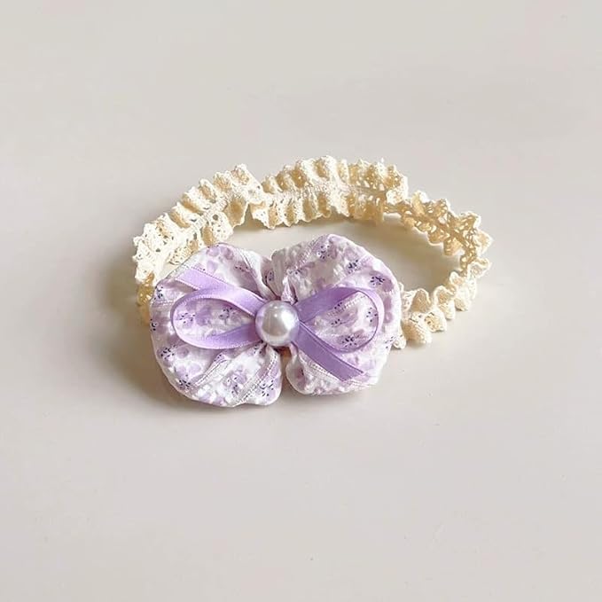 Baby Girls Hairbands Bow Lace Headband Handmade Soft Stretchy Pink Bowknot Hairbands Newborn Hairband with Bows Elastic Hair Bands for Kids Infant(Purple Pearl Bow