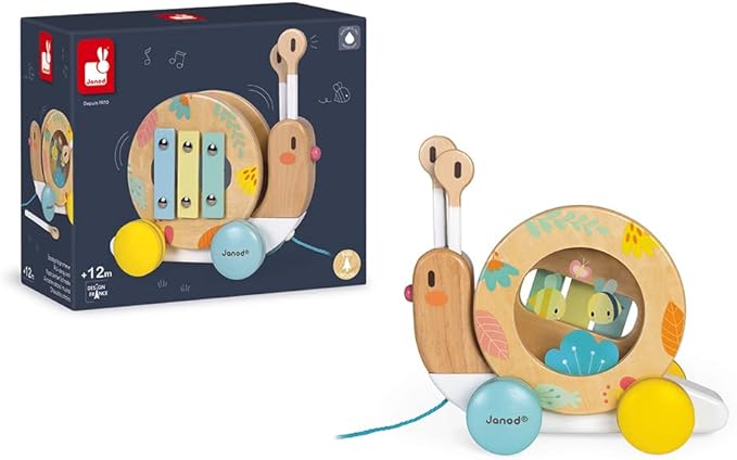 Janod Pure Pull Along Snail - Wooden 2-in1 Musical Toy - Ages 1+ - J05159