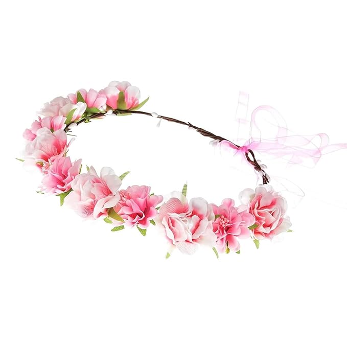 AKOAK 1 Pack Flower Crown, Bohemian Wreath for Girls Floral Tiara, Wedding Headband, Bride Bohemian Wreath/Baby Shower/Photo/Toddler (Pink)
