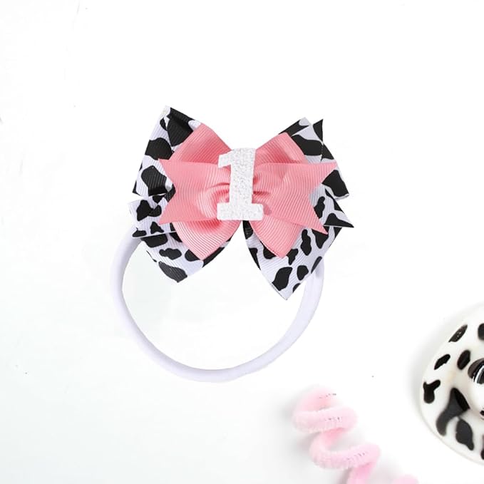 Birthday Hair Bow for Baby Girls - 2Pc Pink Sprinkle Hair Clips for 2nd Birthday Glitter Ice Cream Baby Bow Party Decorations for Girls Toddlers Hair Accessories (Cow Print -1 Year)