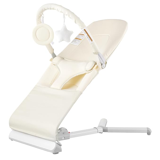 VEVOR Baby Bouncer, Folding Bouncer Seat for Babies 0-9 Months, Portable Baby Bouncer Seat with 2 Reclining Angles, Rotatable Toy Bar & Carrying Bag, Ideal for Indoors Outdoors, Beige
