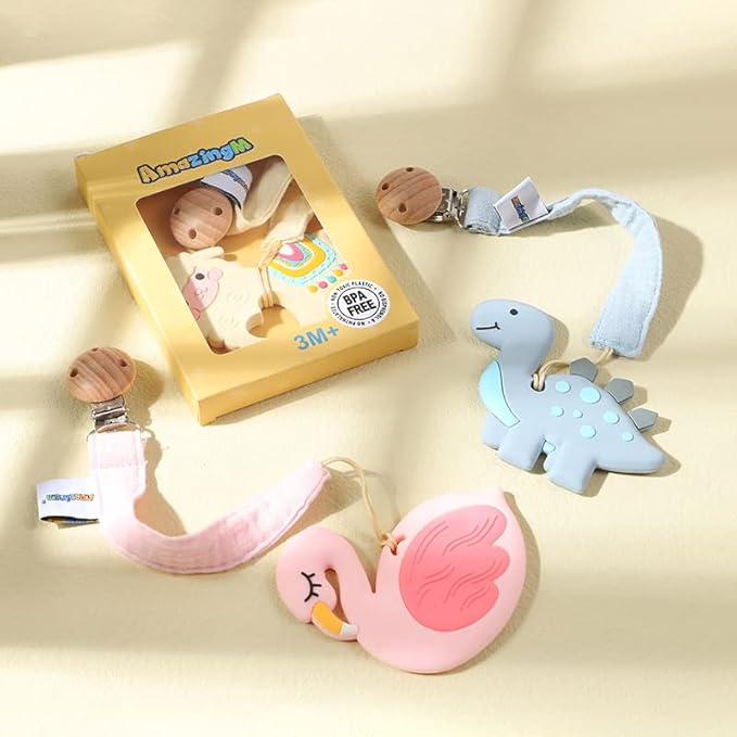 Baby Food Grade Silicone Teether Toy with Pacifier Clip Holder,Teething Pain Relief Toys Gift Set for 3 Months+ Boys and Girls,Freezer Safe,BPA Free (Pink Flamingo)