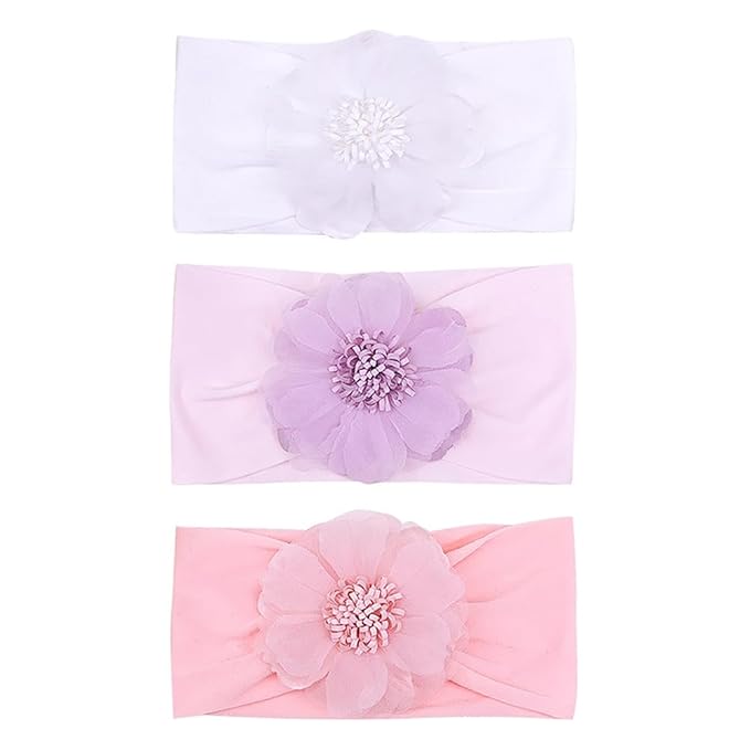 Large Flower Elastic headband for Baby Girl Infant Soft Fabric Chiffon Floral Hairband Toddler Newborn Christening Baptism Hair Accessories (Flower 2 - White, Elastic)