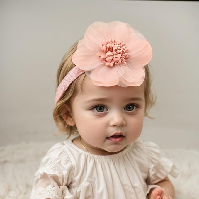 Large Flower Elastic headband for Baby Girl Infant Soft Fabric Chiffon Floral Hairband Toddler Newborn Christening Baptism Hair Accessories (Flower 5 - Pink, Elastic)